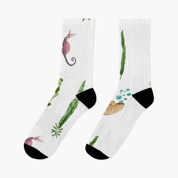 Item preview, Sea horse shell seaweed bubbles watercolor pattern designed and sold by Yana Mustafina | Boho Soulful Designs.