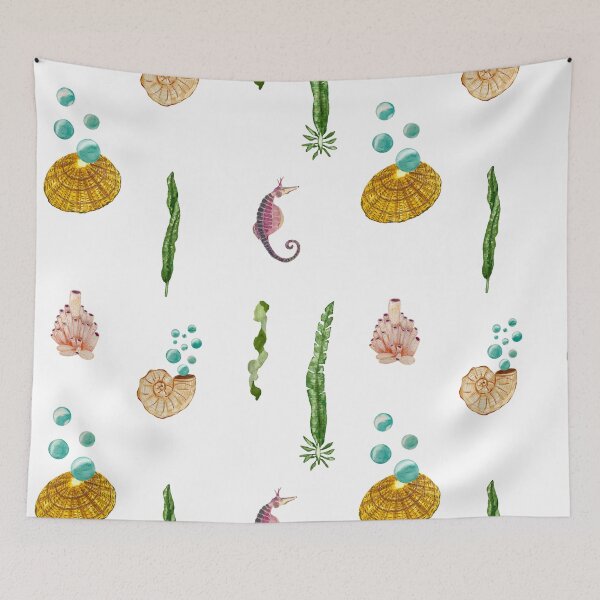 Item preview, Sea horse shell seaweed bubbles watercolor pattern designed and sold by Yana Mustafina | Boho Soulful Designs.
