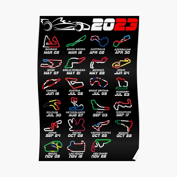 Calendrier Formula race cars 2023 couleurs des circuits Poster