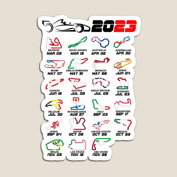 Calendar Formula race cars 2023 circuits colors white Magnet