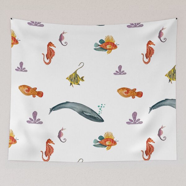 Item preview, Whale fish sea horse ocean pattern watercolor designed and sold by Yana Mustafina | Boho Soulful Designs.