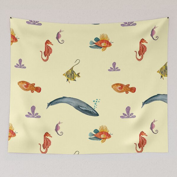 Item preview, Whale fish sea horse beige pattern watercolor designed and sold by Yana Mustafina | Boho Soulful Designs.