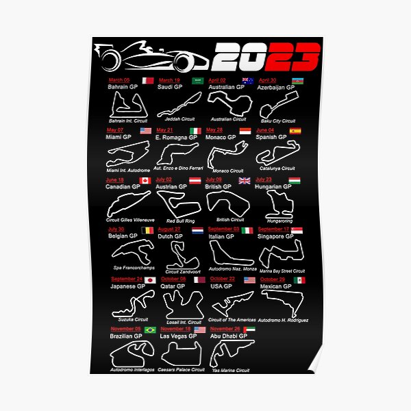 Calendrier Formula race cars 2023 circuits nommés Poster