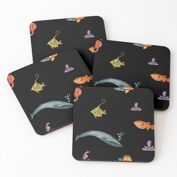 Item preview, Whale fish sea horse ocean pattern watercolor black designed and sold by Yana Mustafina | Boho Soulful Designs.