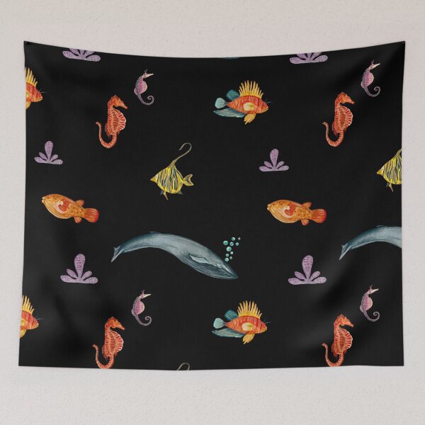 Item preview, Whale fish sea horse ocean pattern watercolor black designed and sold by Yana Mustafina | Boho Soulful Designs.