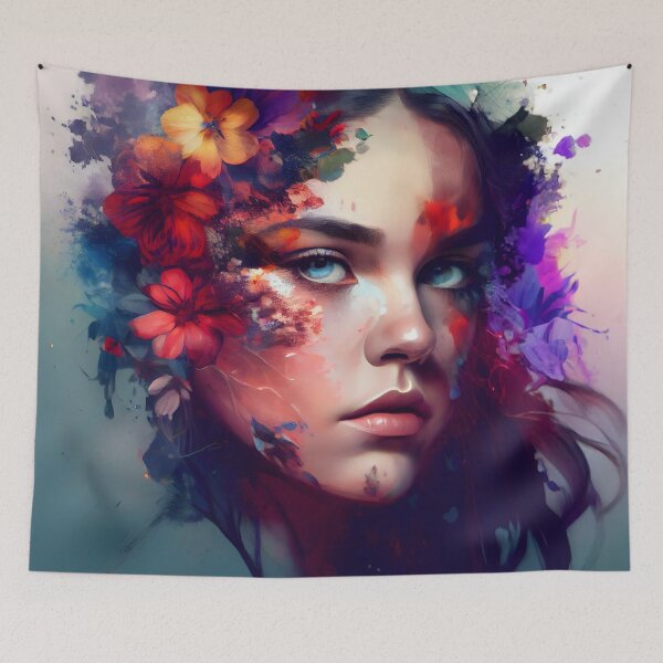 Item preview, A Captivating Portrait: A Vivid Watercolor of a Beautiful Girl with Flowers in Her Hair designed and sold by PosterManiaRo.