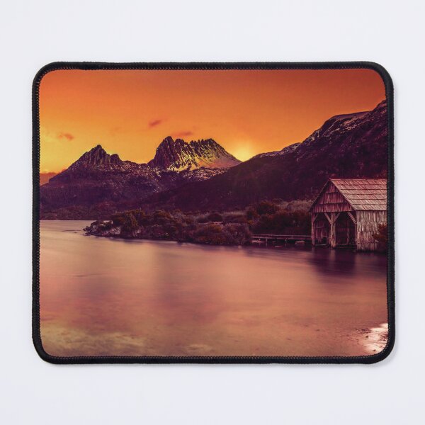 Item preview, Scenic landscape view of mountains, lake and cottage designed and sold by ImgPrint.