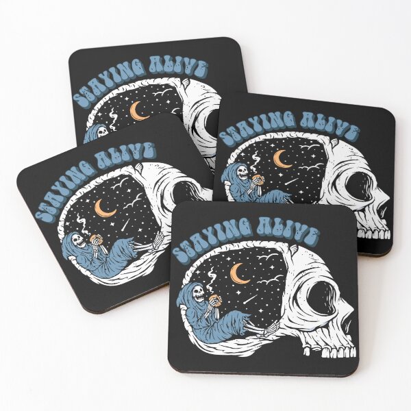 Item preview, Staying Alive - Retro Skeleton Taking a Coffee Break Under the Moonlight designed and sold by printify.