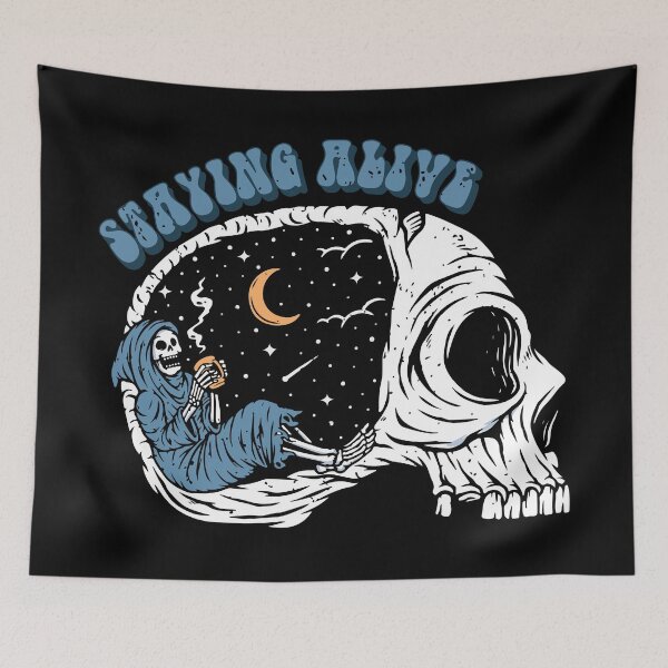 Item preview, Staying Alive - Retro Skeleton Taking a Coffee Break Under the Moonlight designed and sold by printify.