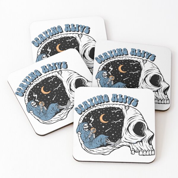 Item preview, Staying Alive, Retro Skeleton Taking a Coffee Break Under the Moonlight designed and sold by printify.
