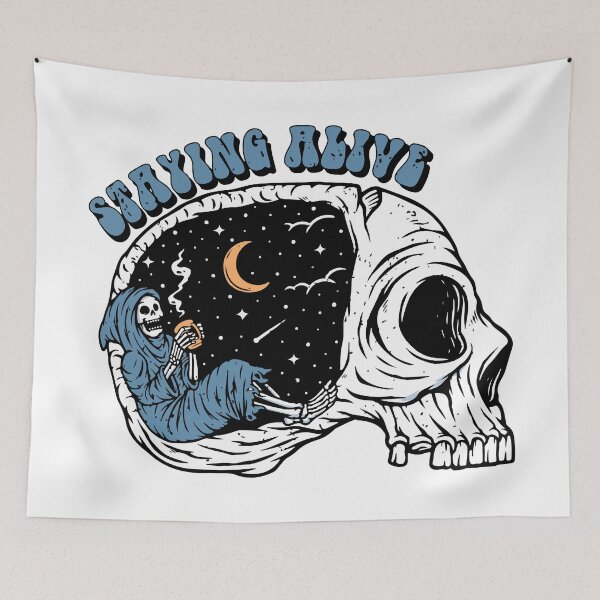 Item preview, Staying Alive, Retro Skeleton Taking a Coffee Break Under the Moonlight designed and sold by printify.