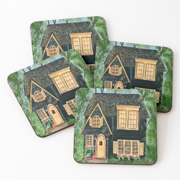 Item preview, Gouache original painting black cozy cottage in the forest in summer with yellow windows designed and sold by idolizeyou.