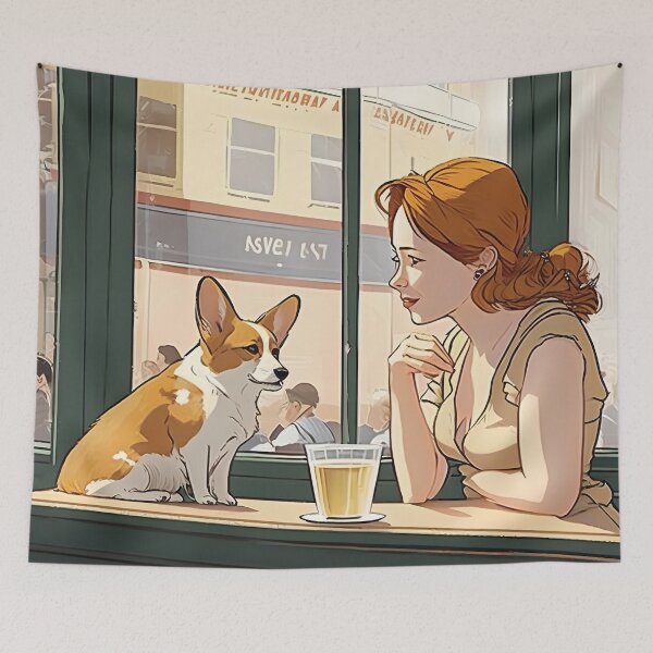 Item preview, Girl and Corgi in New York Cafe Anime Retro 50s designed and sold by AIWanderer.