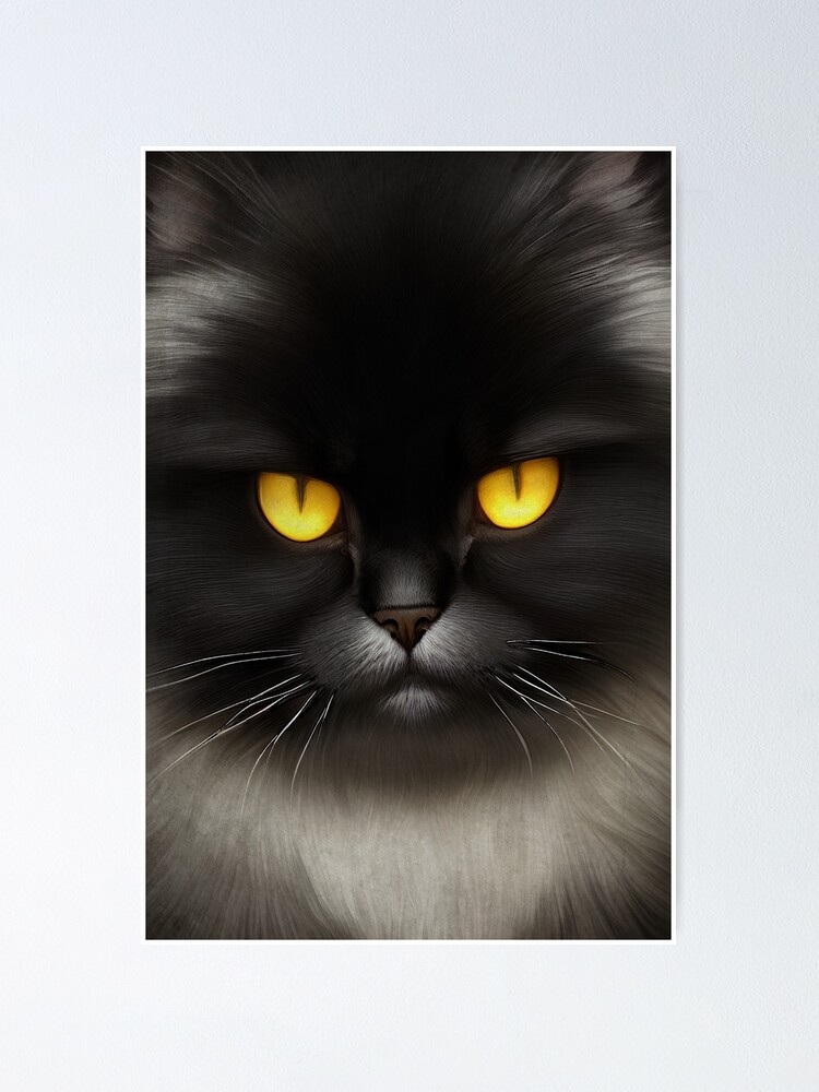 a picture of an angry black fuzzy cat with yellow