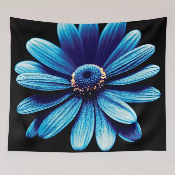 Item preview, a close up of a blue flower on a black background designed and sold by DesignAtYO.