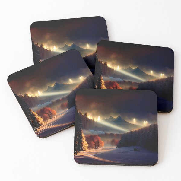 Item preview, a night scene of a snowy mountain with trees and lights designed and sold by DesignAtYO.