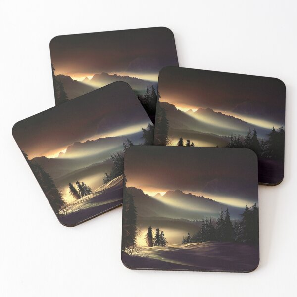 Item preview, the sun is setting over the mountains in the snow designed and sold by DesignAtYO.