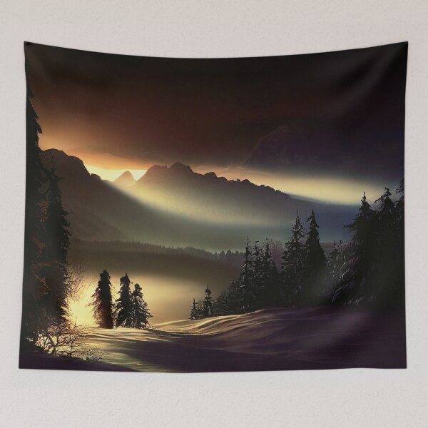 Item preview, the sun is setting over the mountains in the snow designed and sold by DesignAtYO.
