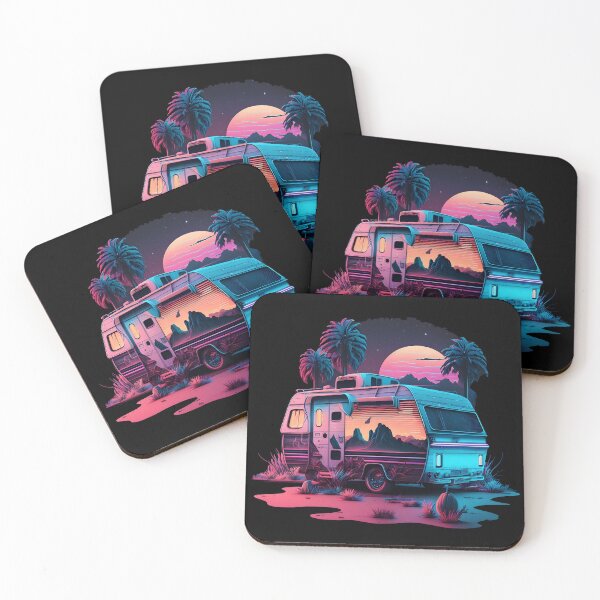 Item preview, Retro caravan in front of sunset with palm trees in synthwave style designed and sold by togetherShirts.