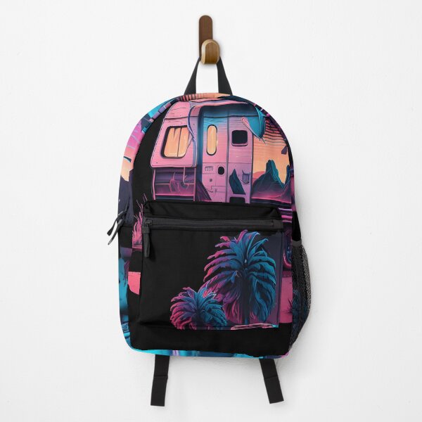 Item preview, Retro caravan in front of sunset with palm trees in synthwave style designed and sold by togetherShirts.