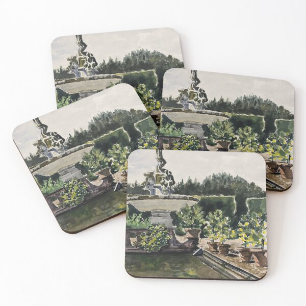 Item preview, Peaceful Fountain with Lemon Trees Watercolor Landscape  designed and sold by AB-Gallery.