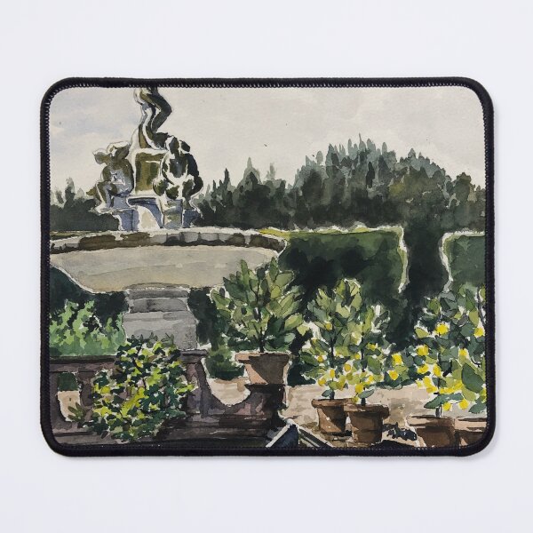 Item preview, Peaceful Fountain with Lemon Trees Watercolor Landscape designed and sold by AB-Gallery.