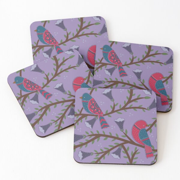 Item preview, Folk art Birds and flowers pattern in violet background designed and sold by HariniArts.