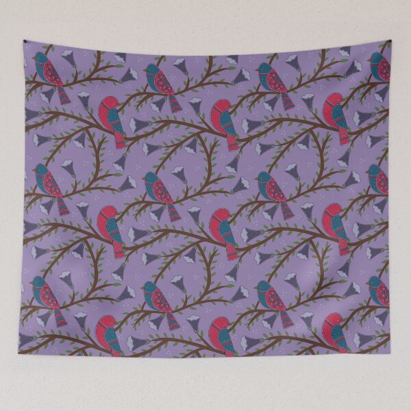 Item preview, Folk art Birds and flowers pattern in violet background designed and sold by HariniArts.