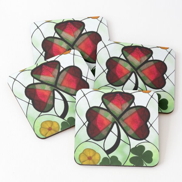 Item preview, Red plaid Shamrock with Yellow Flowers as Stained Glass (AI Generated Art) designed and sold by Cowboy Folly.