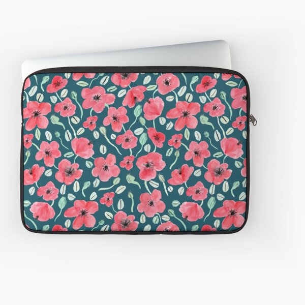 Red Poppy Floral Deep Green background Laptop Sleeve