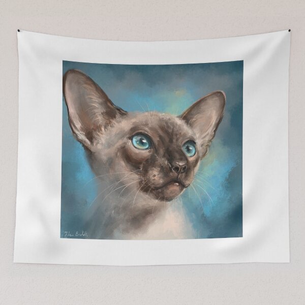 Item preview, Close Up Painting of a Gorgeous Siamese Cat with Blue Eyes and Blue Background designed and sold by ibadishi.