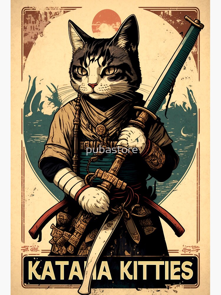 Samurai cat holding a katana vintage poster - Katana Kitties Art Board  Print for Sale by pubastore