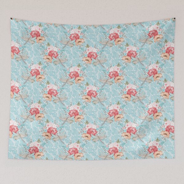 Aperçu de l'œuvre Mystic Libellule Rouge Blanc Beige Roses Sur Fond Aqua créée et vendue par Jaydee001.