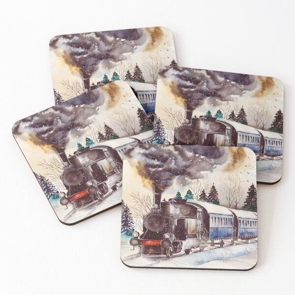 Item preview, Watercolor steam engine on the snowy railroad designed and sold by MaryWatercolor.