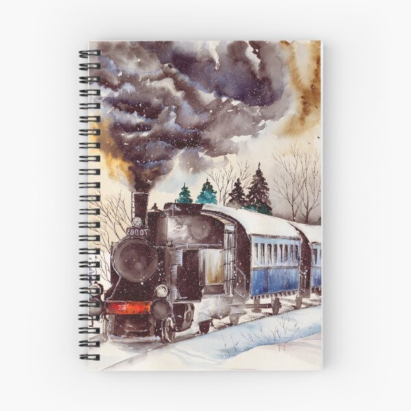 Item preview, Watercolor steam engine on the snowy railroad designed and sold by MaryWatercolor.