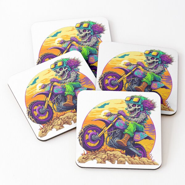 Item preview, skeleton showing with a touch of horror riding dirt bike in the dunes doing wheelies and jumps designed and sold by sparkzeno.