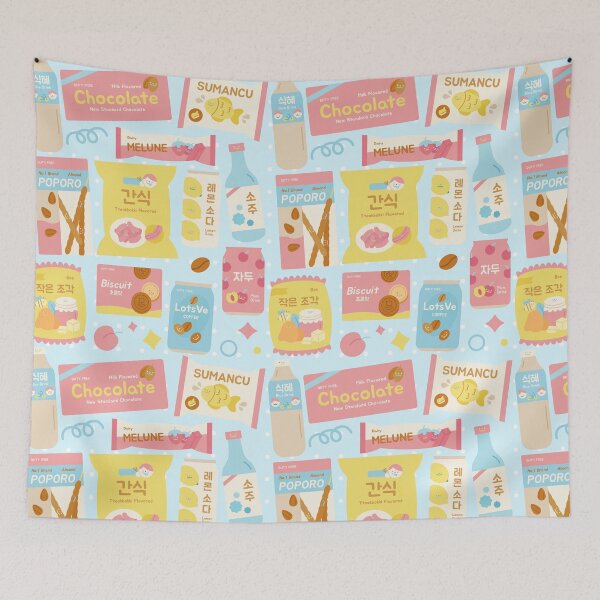 Item preview, Korean Snacks Seamless Pattern Blue designed and sold by MadeByBeata.