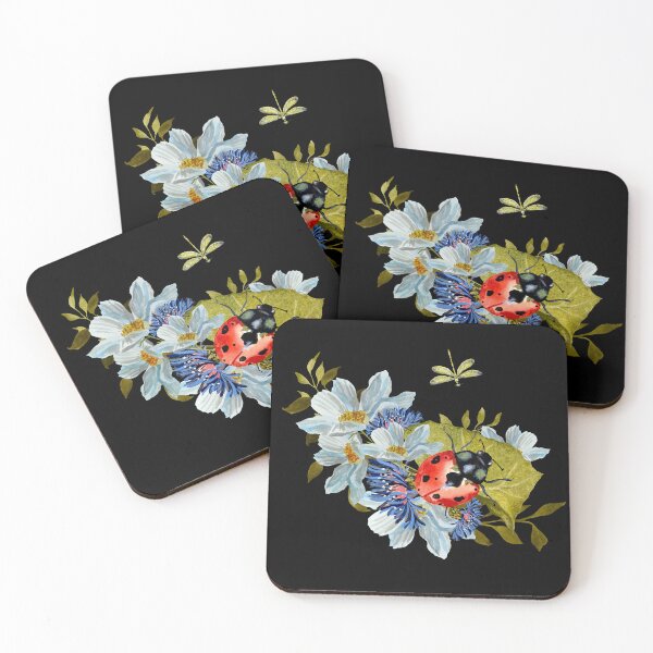 Artikelvorschau, Flower daisy ladybug leaves dragonfly a watercolor black entworfen und verkauft von Yana Mustafina | Boho Soulful Designs.