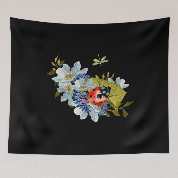 Item preview, Flower daisy ladybug leaves dragonfly a watercolor black designed and sold by Yana Mustafina | Boho Soulful Designs.