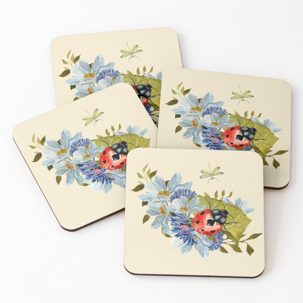 Artikelvorschau, Flower daisy ladybug leaves dragonfly a watercolor beige entworfen und verkauft von Yana Mustafina | Boho Soulful Designs.