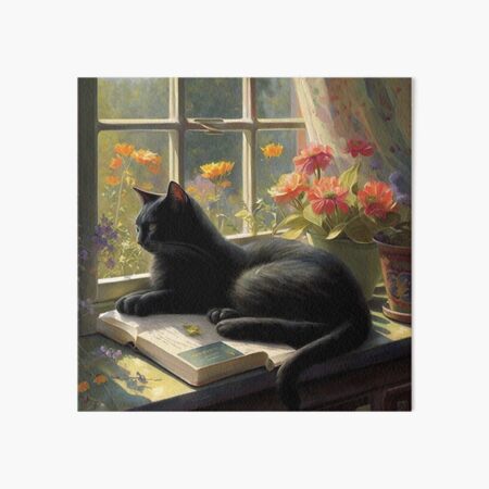 Black cat enjoying a sunny window Art Board Print for Sale by