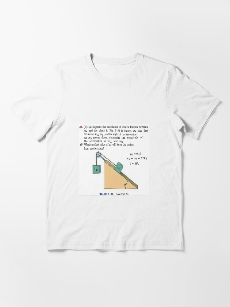 Alternate view of Physics problem: Suppose the coefficient of kinetic friction between the mass and the plane is known. #Physics #Education #PhysicsEducation, Essential T-Shirt