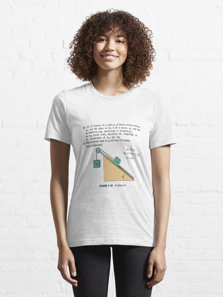 Alternate view of Physics problem: Suppose the coefficient of kinetic friction between the mass and the plane is known. #Physics #Education #PhysicsEducation, Essential T-Shirt