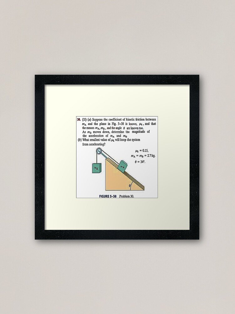 Alternate view of Physics problem: Suppose the coefficient of kinetic friction between the mass and the plane is known. #Physics #Education #PhysicsEducation, Framed Art Print