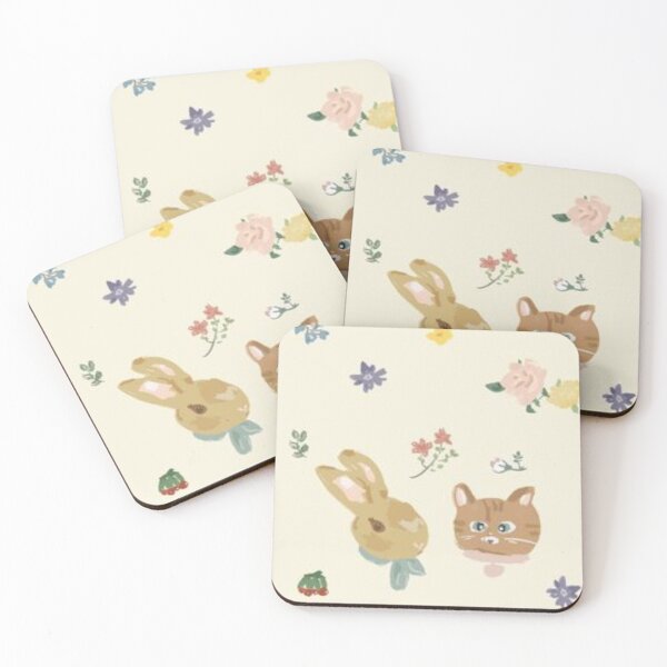 Item preview, cute cat, rabbit, and flowers pastel aesthetic pink wallpaper designed and sold by diririna.