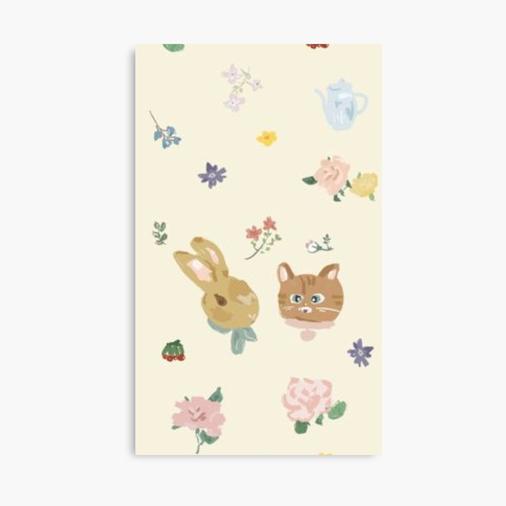 cute cat, rabbit, and flowers pastel aesthetic pink wallpaper Poster by  diririna