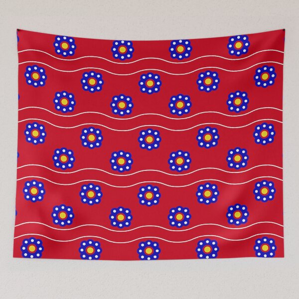 Item preview, Boho Hippie national Slavic Moravian Hungarian style motif blue floral with red background ethnic seamless pattern designed and sold by Yellowduckstudio.
