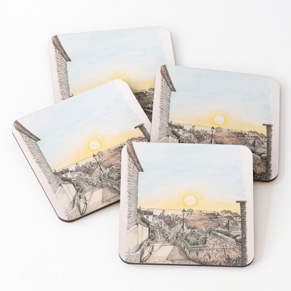 Artikelvorschau, Aldeburgh Steps Sonnenaufgang Aquarell und Tuschemalerei entworfen und verkauft von Tom Crittenden.
