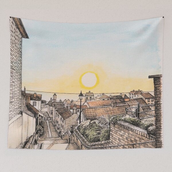 Item preview, Aldeburgh Steps sunrise watercolour and ink painting designed and sold by Tom Crittenden.