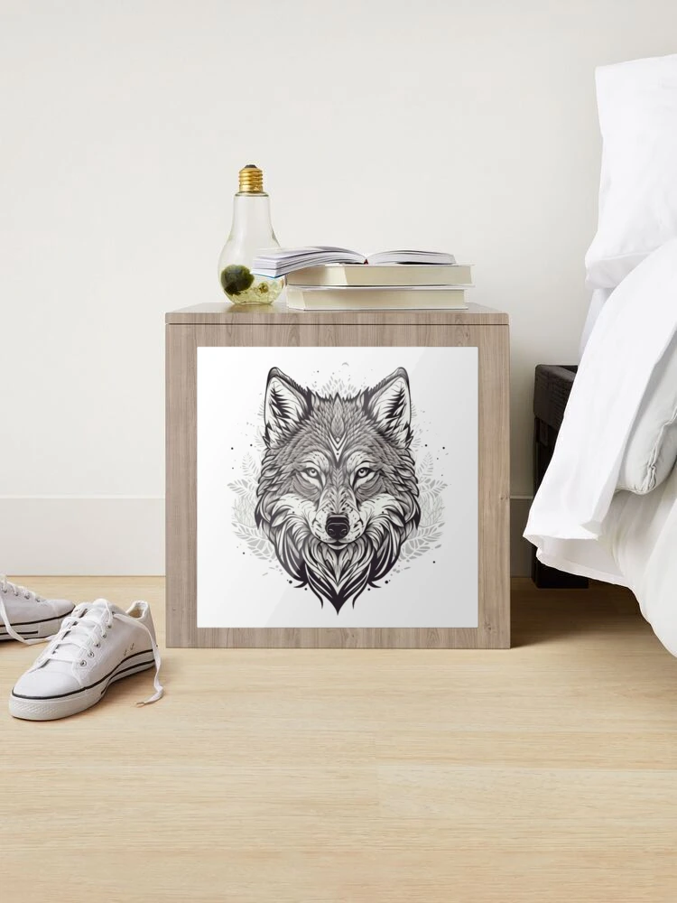 Sticker avec l'œuvre « Tête de loup détaillée en noir et blanc » de  l'artiste RalphKingsM